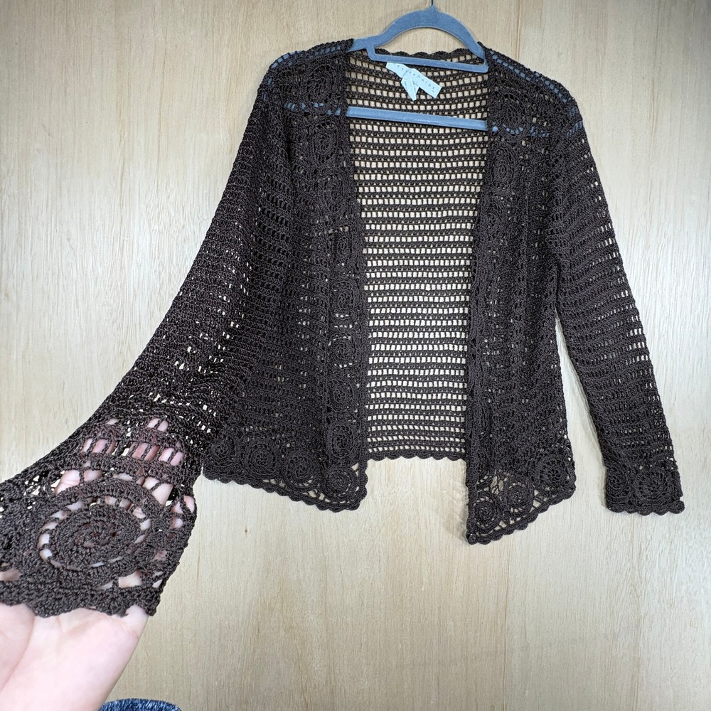 Bette Paige Brown Crochet Knit Open Front Cardigan Floral Medallion Boho Large